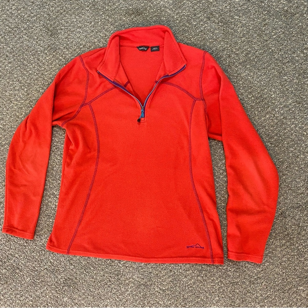 Eddie Bauer Womens Large 1/4 Zip Pullover Red Long Sleeve Fleece Lightweight